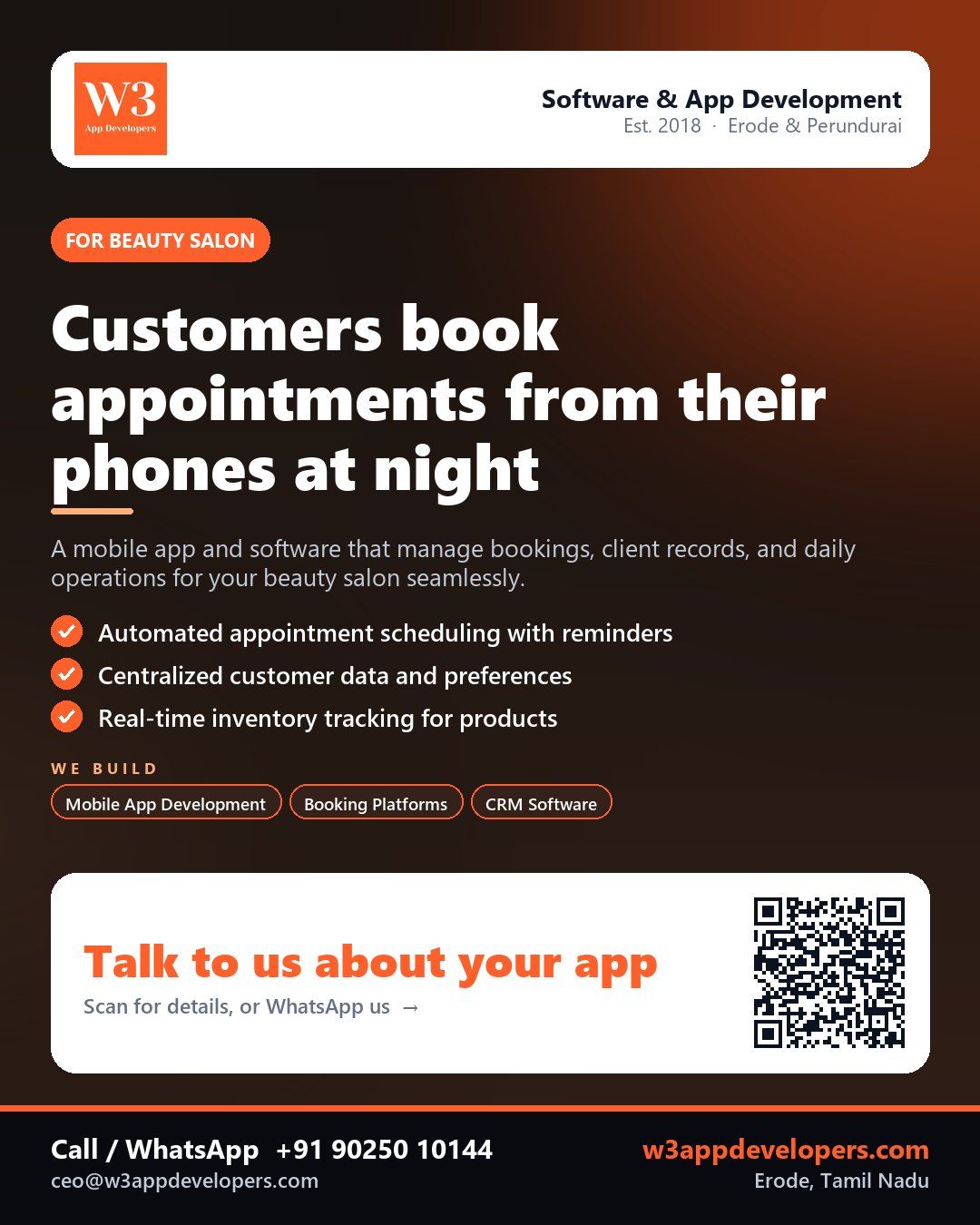 W3AppDevelopers custom app solution for a beauty salon managing bookings and client data