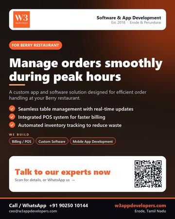 W3AppDevelopers poster for Berry restaurant: Manage orders smoothly during peak hours