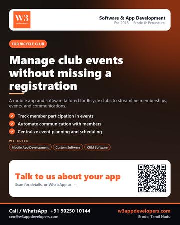 W3AppDevelopers poster for Bicycle club: Manage club events without missing a registration