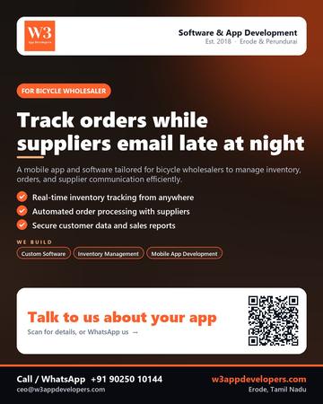 W3AppDevelopers poster for Bicycle wholesaler: Track orders while suppliers email late at night
