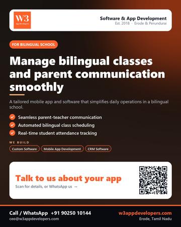 W3AppDevelopers poster for Bilingual school: Manage bilingual classes and parent communication smoothly
