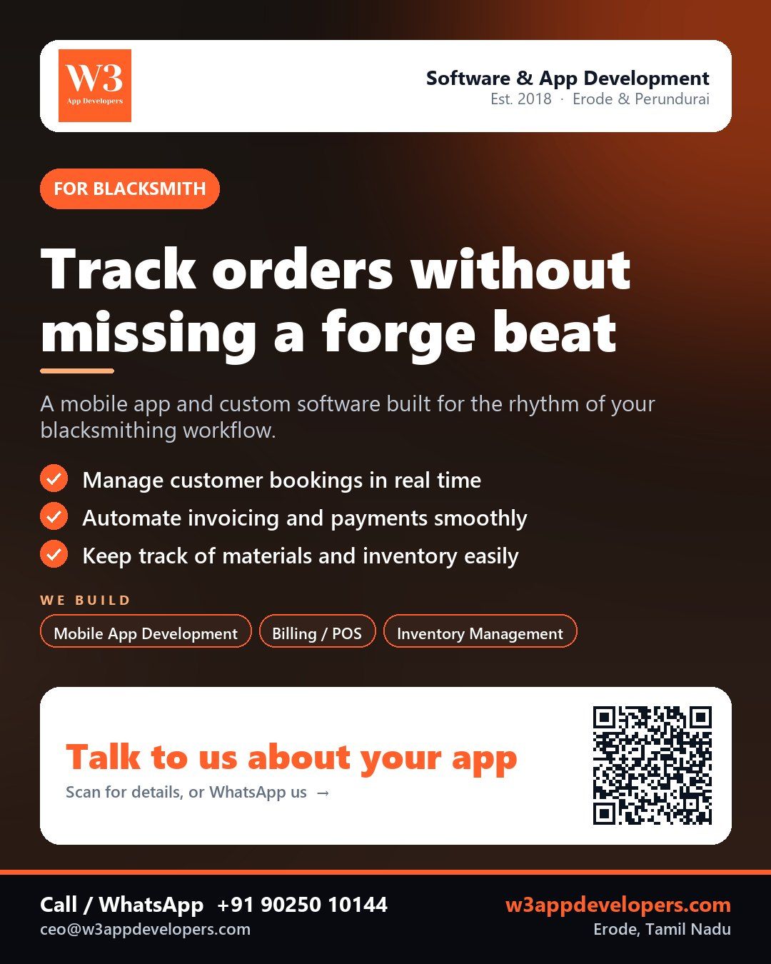W3AppDevelopers - Custom software for Blacksmiths, mobile app development, inventory and booking management