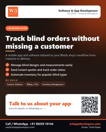 W3AppDevelopers poster for Blinds shop: Track blind orders without missing a customer