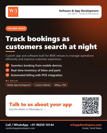 W3AppDevelopers poster for BMX venue: Track bookings as customers search at night