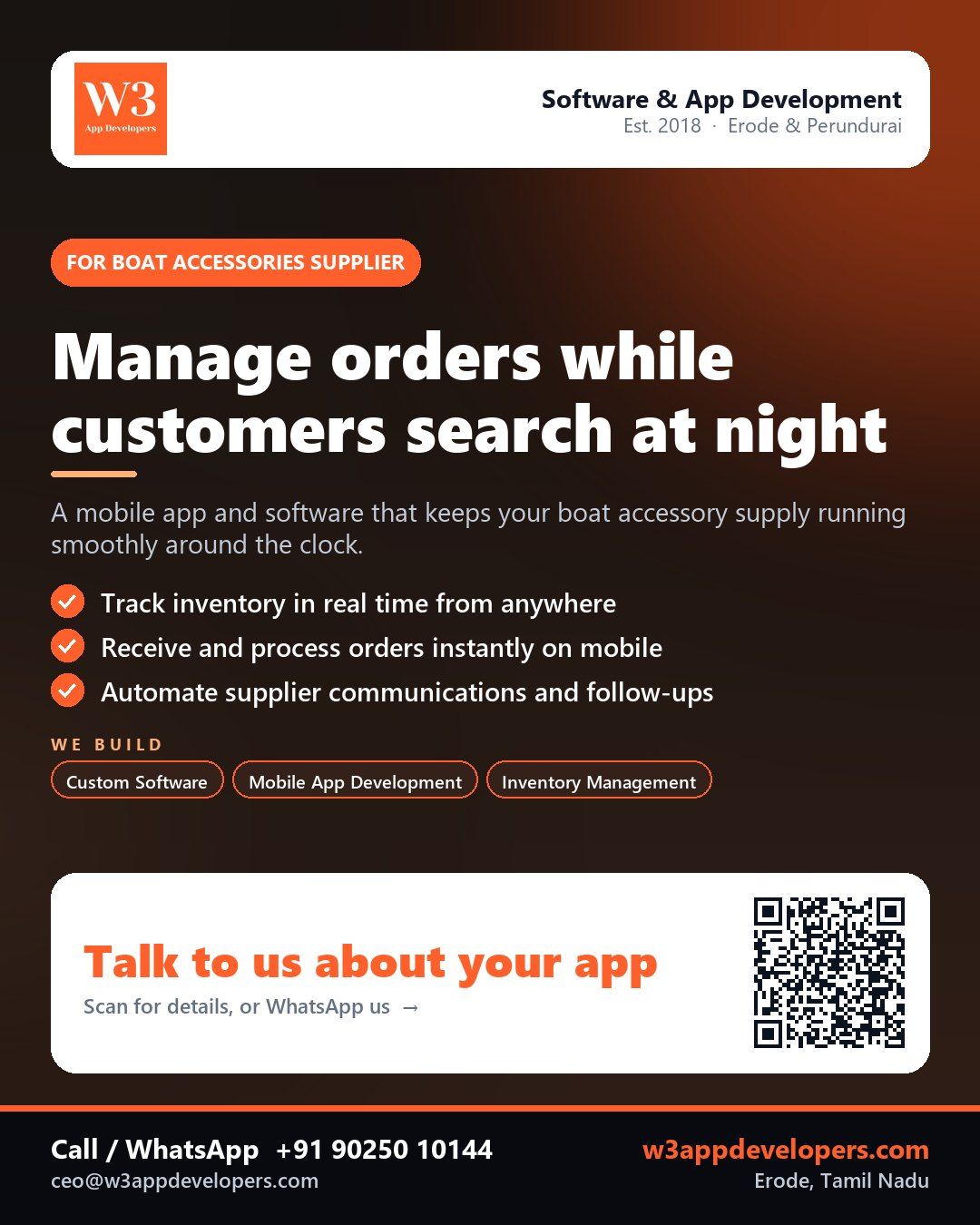 W3AppDevelopers - Custom mobile app for boat accessories supplier with inventory and order management features