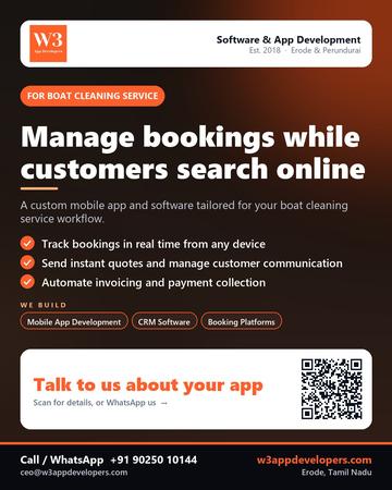 W3AppDevelopers poster for Boat cleaning service: Manage bookings while customers search online
