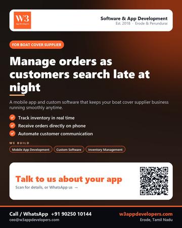 W3AppDevelopers poster for Boat cover supplier: Manage orders as customers search late at night