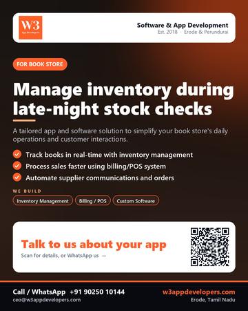 W3AppDevelopers poster for Book store: Manage inventory during late-night stock checks