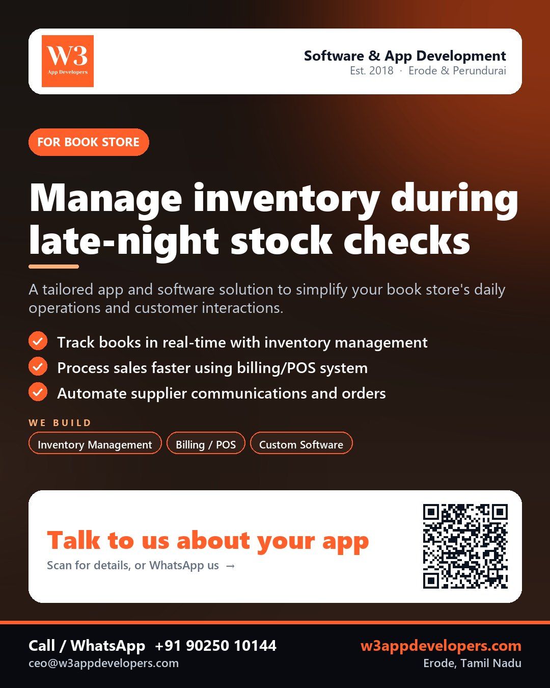 W3AppDevelopers custom app solution for a book store in Erode, Tamil Nadu