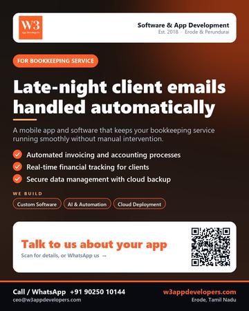 W3AppDevelopers poster for Bookkeeping service: Late-night client emails handled automatically