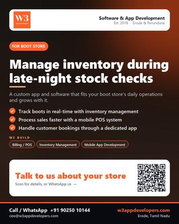 W3AppDevelopers poster for Boot store: Manage inventory during late-night stock checks