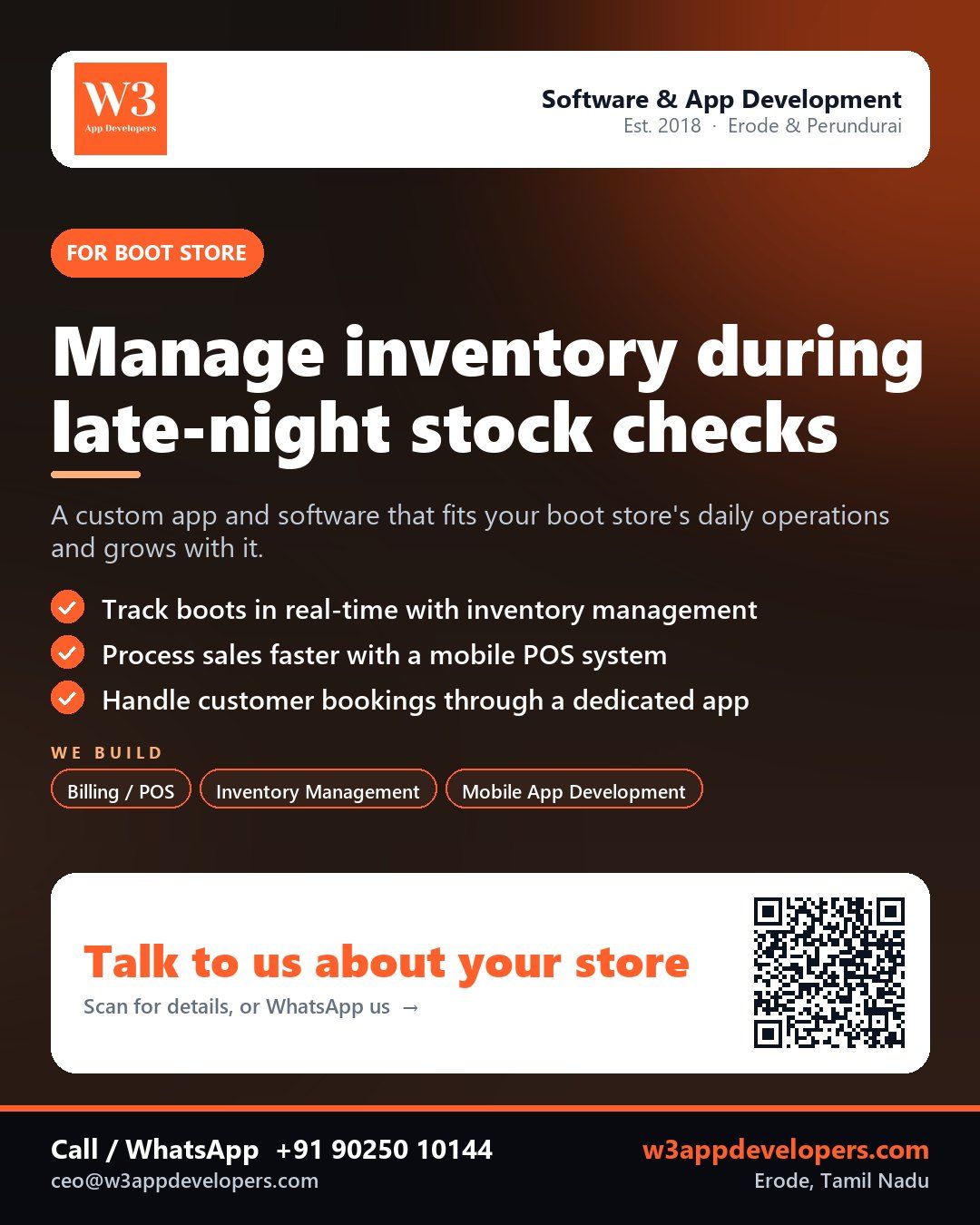 W3AppDevelopers custom app solution for a boot store with inventory and sales management features