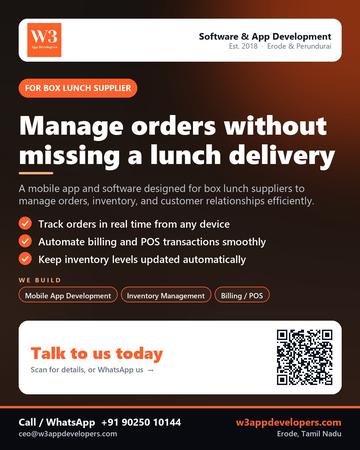 W3AppDevelopers poster for Box lunch supplier: Manage orders without missing a lunch delivery