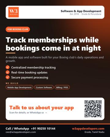 W3AppDevelopers poster for Boxing club: Track memberships while bookings come in at night