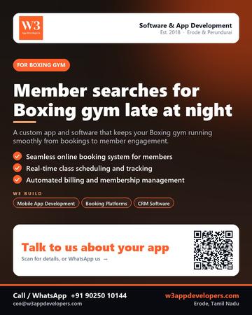 W3AppDevelopers poster for Boxing gym: Member searches for Boxing gym late at night