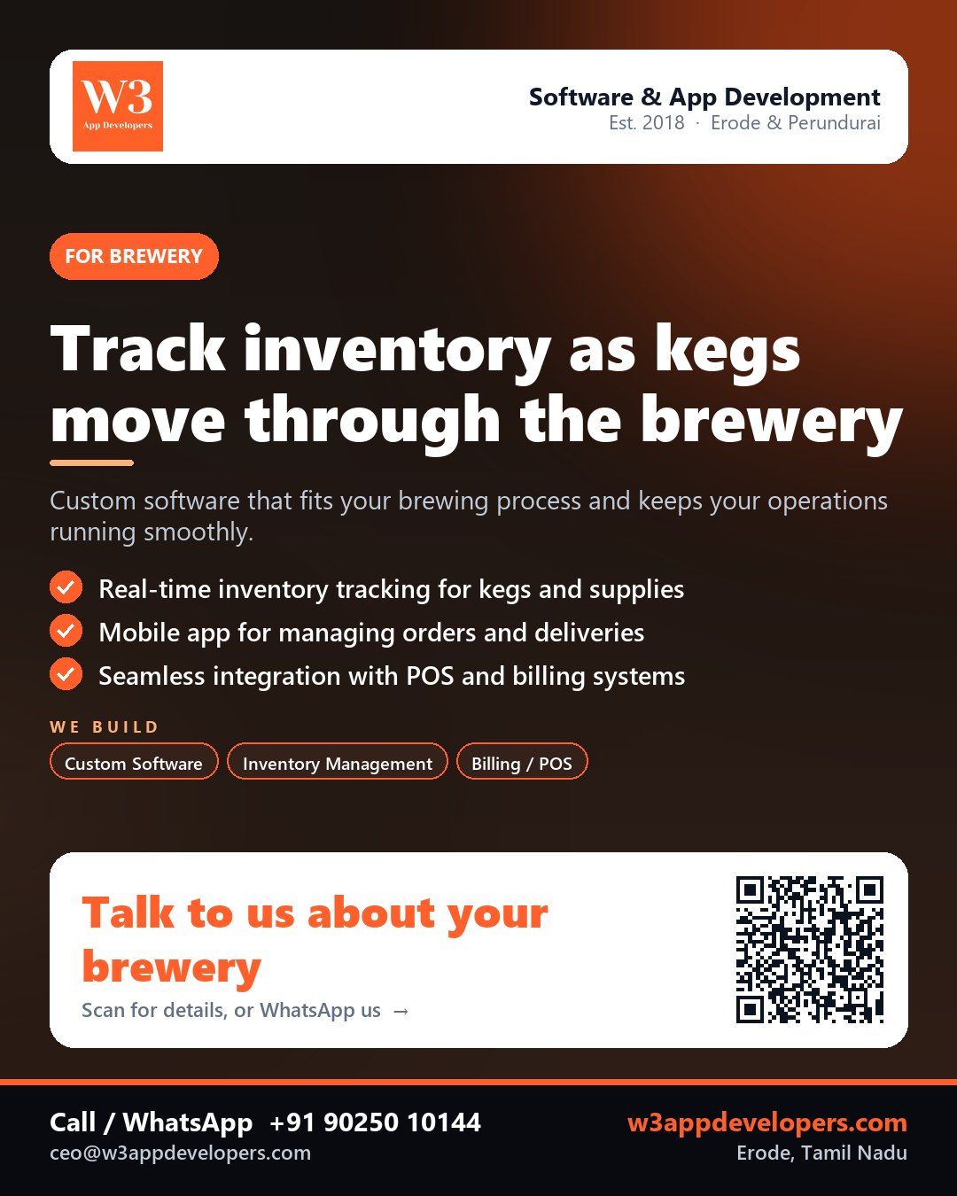 W3AppDevelopers custom software solution for a Brewery in Erode, Tamil Nadu