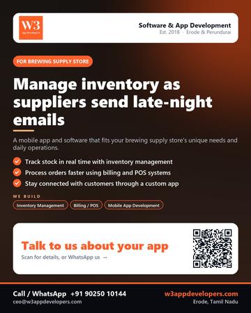 W3AppDevelopers poster for Brewing supply store: Manage inventory as suppliers send late-night emails