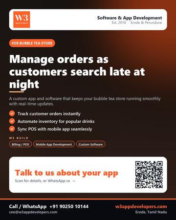 W3AppDevelopers poster for Bubble tea store: Manage orders as customers search late at night