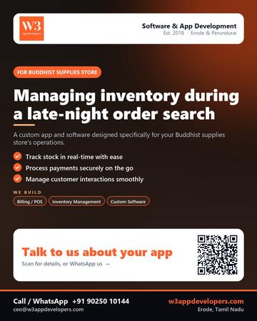 W3AppDevelopers poster for Buddhist supplies store: Managing inventory during a late-night order search