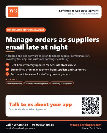 W3AppDevelopers poster for Building materials market: Manage orders as suppliers email late at night