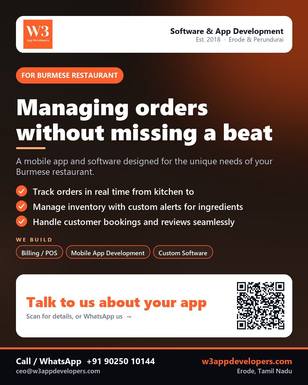 W3AppDevelopers - Mobile app development for Burmese restaurants in Erode
