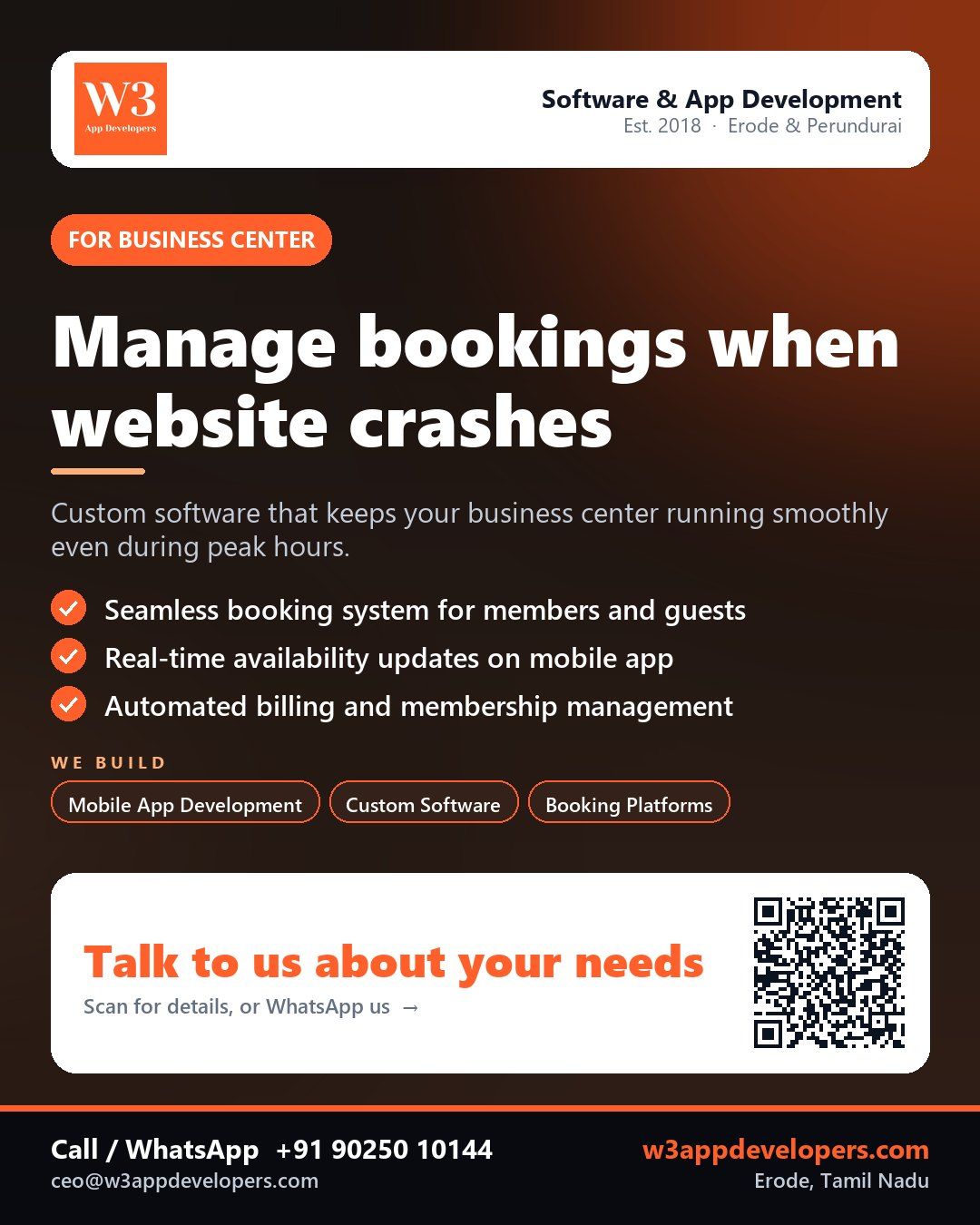 W3AppDevelopers provides custom software for Business centers in Erode and Perundurai, Tamil Nadu.