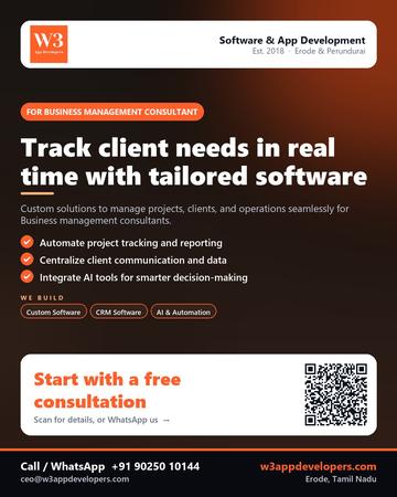 W3AppDevelopers poster for Business management consultant: Track client needs in real time with tailored software