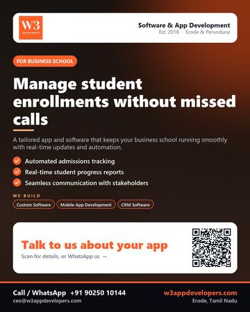 W3AppDevelopers poster for Business school: Manage student enrollments without missed calls