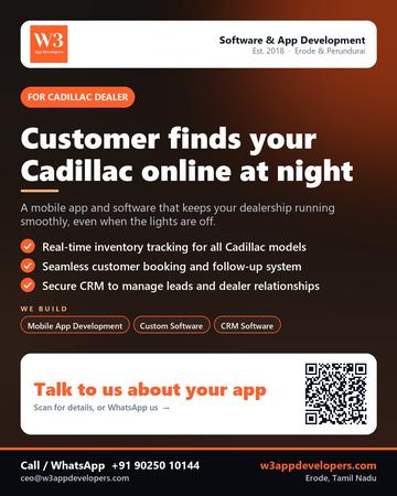 W3AppDevelopers poster for Cadillac dealer: Customer finds your Cadillac online at night