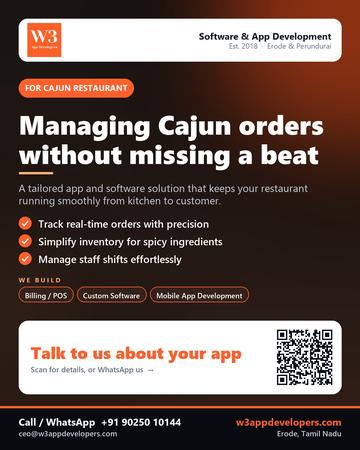 W3AppDevelopers poster for Cajun restaurant: Managing Cajun orders without missing a beat