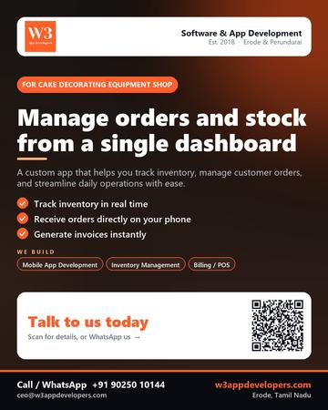 W3AppDevelopers poster for Cake decorating equipment shop: Manage orders and stock from a single dashboard