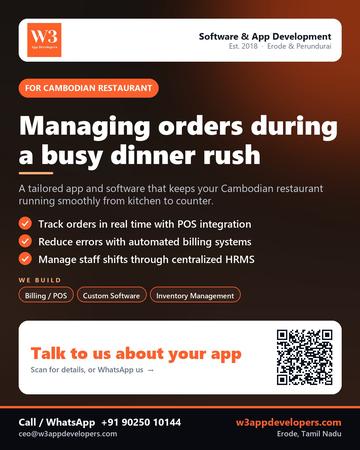 W3AppDevelopers poster for Cambodian restaurant: Managing orders during a busy dinner rush