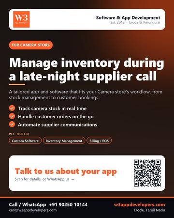 W3AppDevelopers poster for Camera store: Manage inventory during a late-night supplier call