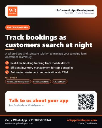 W3AppDevelopers poster for Camping farm: Track bookings as customers search at night