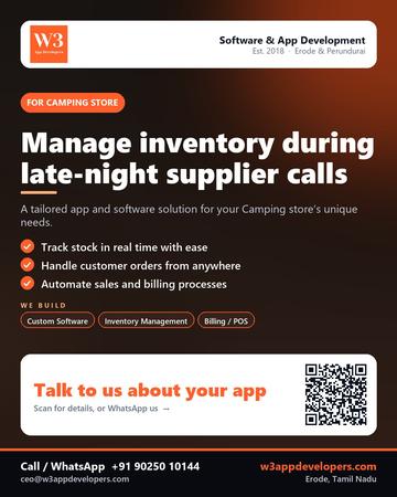 W3AppDevelopers poster for Camping store: Manage inventory during late-night supplier calls
