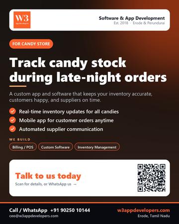 W3AppDevelopers poster for Candy store: Track candy stock during late-night orders