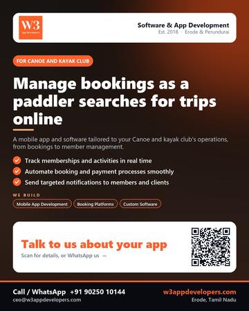 W3AppDevelopers poster for Canoe and kayak club: Manage bookings as a paddler searches for trips online