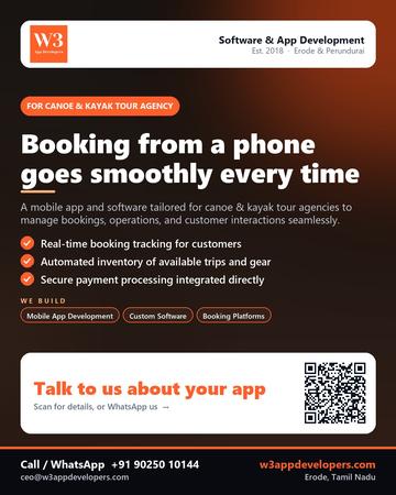 W3AppDevelopers poster for Canoe & kayak tour agency: Booking from a phone goes smoothly every time