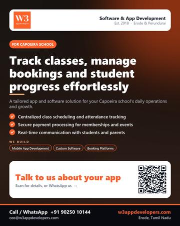 W3AppDevelopers poster for Capoeira school: Track classes, manage bookings and student progress effortlessly