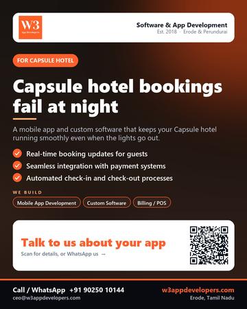 W3AppDevelopers poster for Capsule hotel: Capsule hotel bookings fail at night