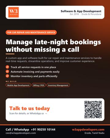 W3AppDevelopers poster for Car repair and maintenance service: Manage late-night bookings without missing a call
