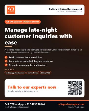 W3AppDevelopers poster for Car security system installer: Manage late-night customer inquiries with ease