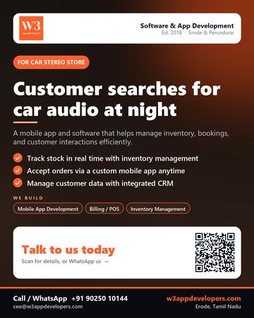 W3AppDevelopers poster for Car stereo store: Customer searches for car audio at night