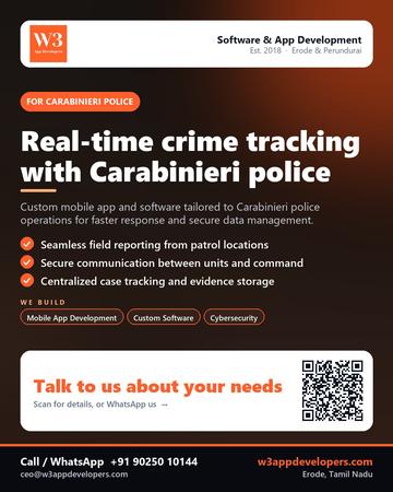 W3AppDevelopers poster for Carabinieri police: Real-time crime tracking with Carabinieri police