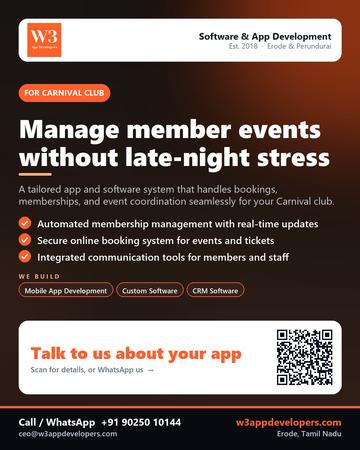 W3AppDevelopers poster for Carnival club: Manage member events without late-night stress