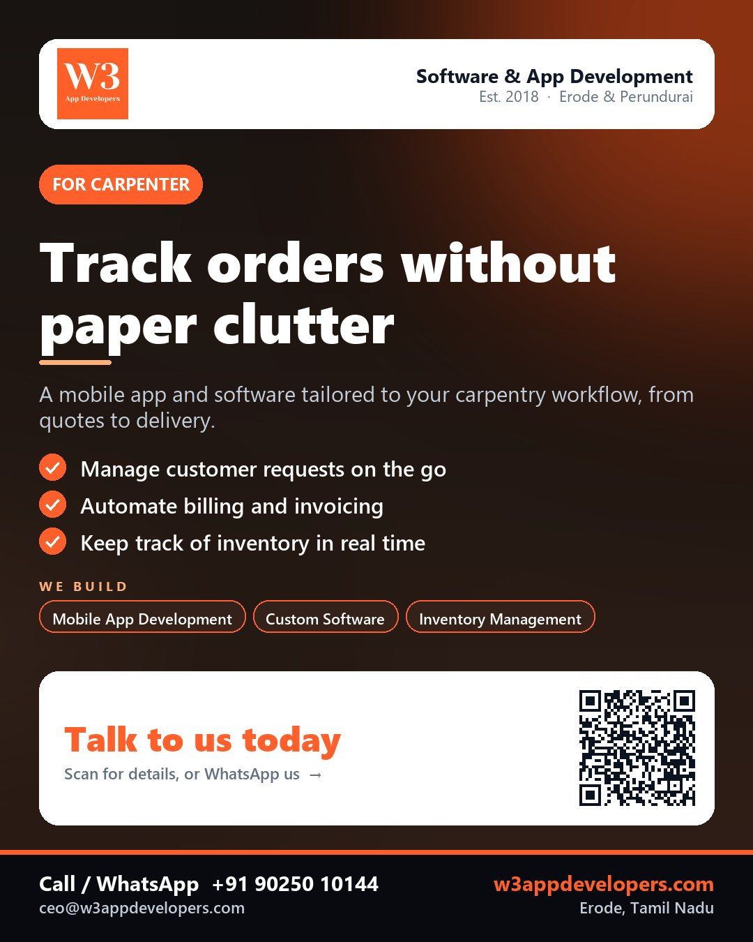W3AppDevelopers carpenter mobile app and software solution for managing orders and inventory efficiently.