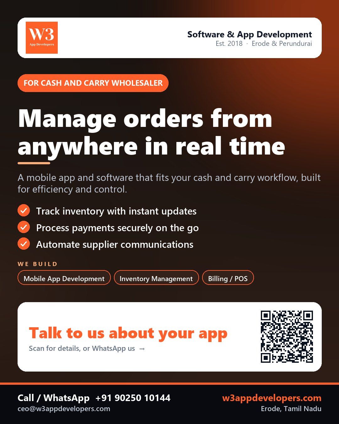 W3AppDevelopers mobile app for cash and carry wholesalers with inventory and sales tracking features