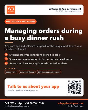 W3AppDevelopers poster for Castilian restaurant: Managing orders during a busy dinner rush