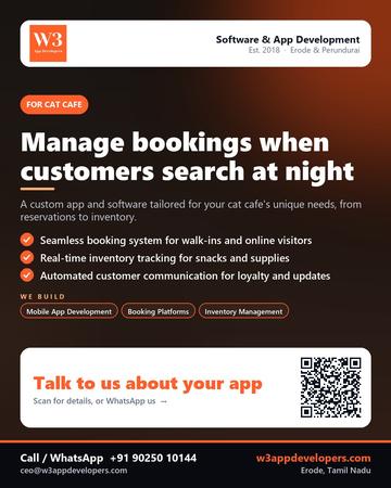 W3AppDevelopers poster for Cat cafe: Manage bookings when customers search at night