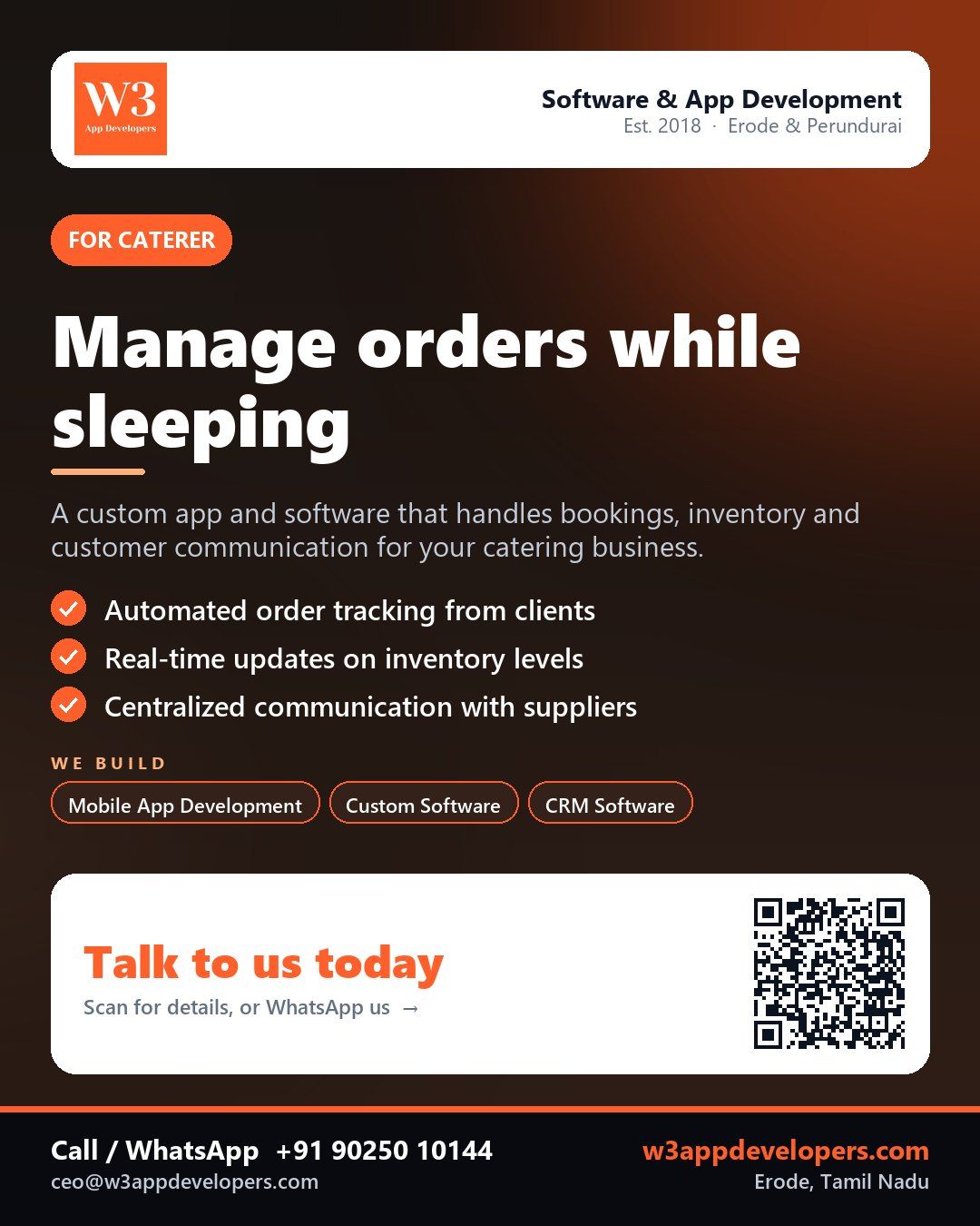 W3AppDevelopers custom mobile app for Caterers in Erode and Perundurai